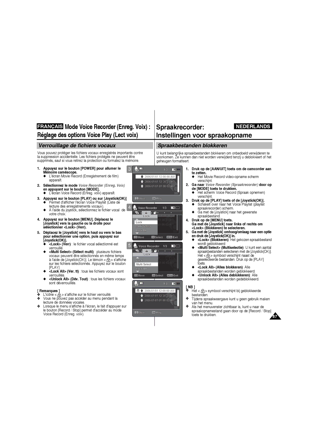 Samsung VP-MM11S/XEF Verrouillage de fichiers vocaux, Spraakbestanden blokkeren, Apparaît, En appuyant sur le bouton Mode 