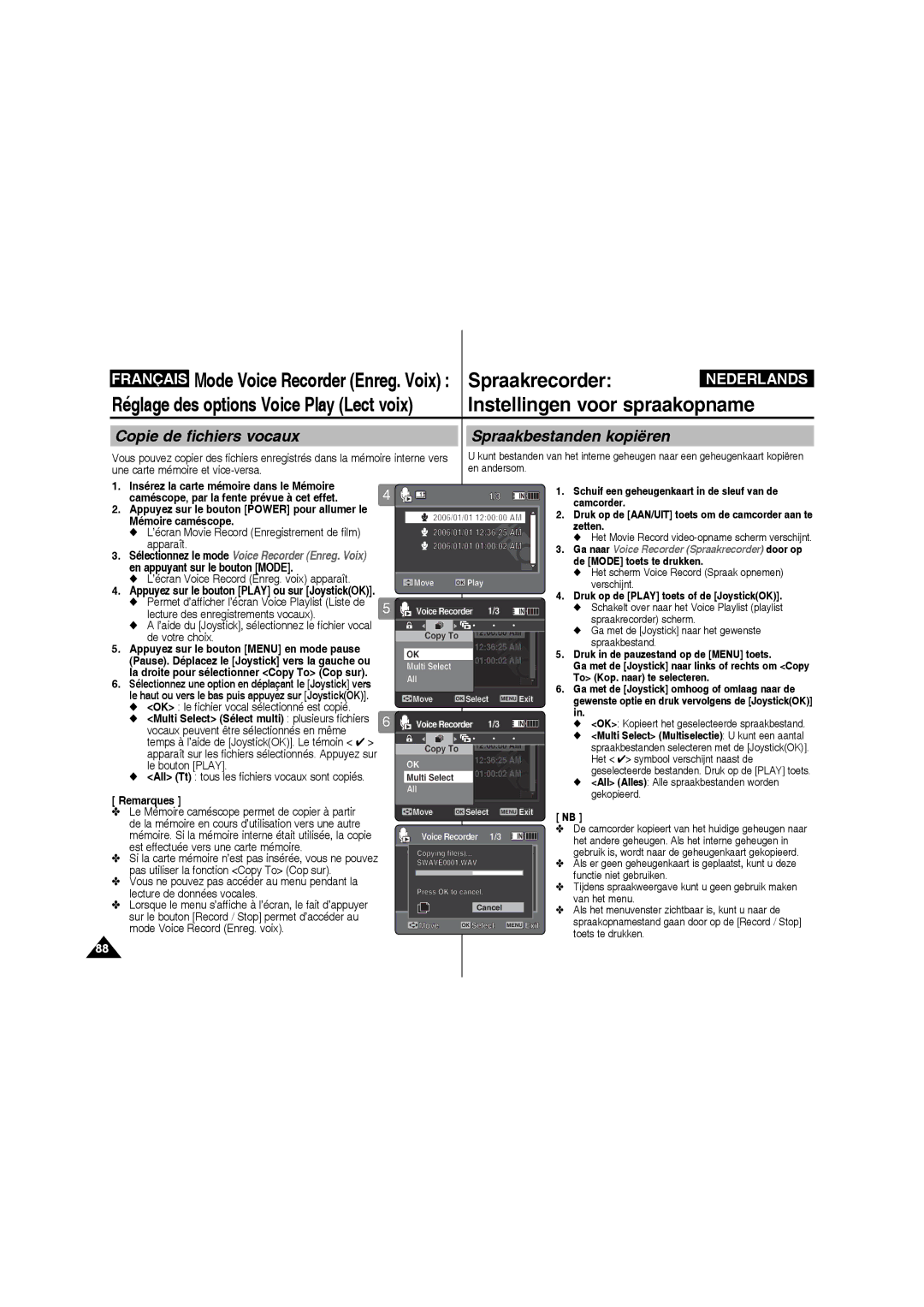 Samsung VP-MM11S/XEF manual Copie de fichiers vocaux, Spraakbestanden kopiëren 