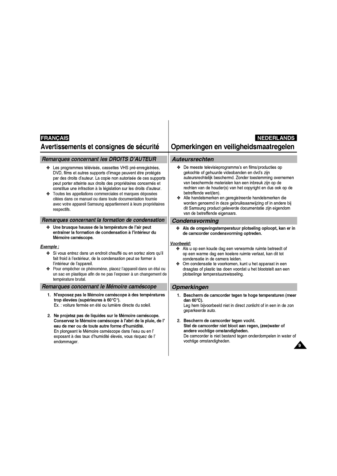 Samsung VP-MM11S/XEF manual Remarques concernant les Droits D’AUTEUR, Auteursrechten, Condensvorming, Opmerkingen 