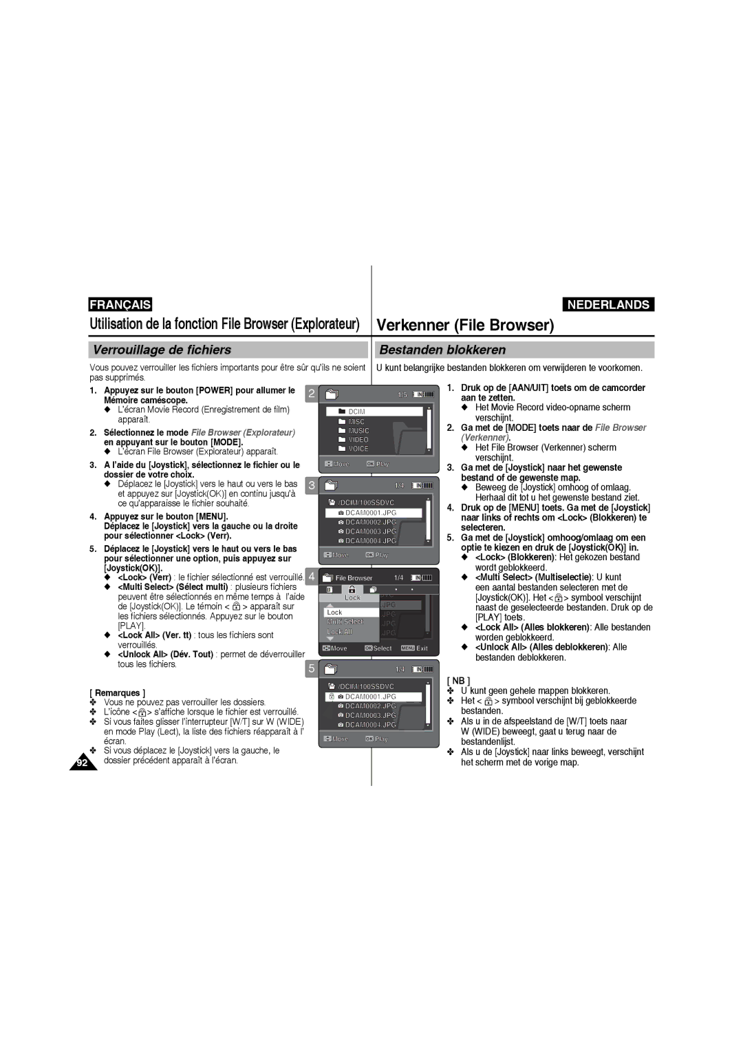 Samsung VP-MM11S/XEF manual Verrouillage de fichiers Bestanden blokkeren 