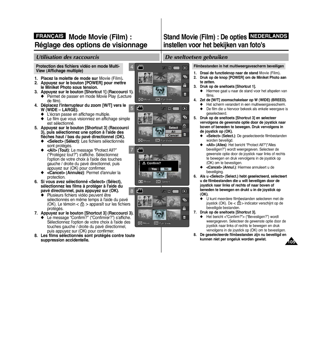 Samsung VP-MM11S/XEF Utilisation des raccourcis De sneltoetsen gebruiken, Cancel Annulez Permet dannuler la protection 