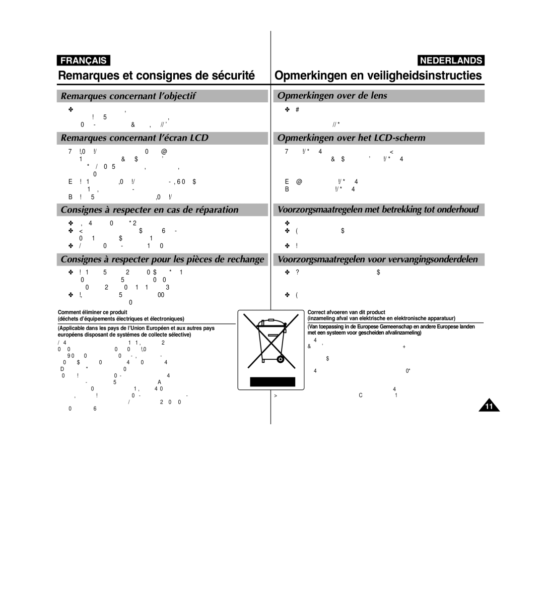 Samsung VP-MM11S/XEF manual Remarques concernant l’objectif Opmerkingen over de lens, Remarques concernant l’écran LCD 