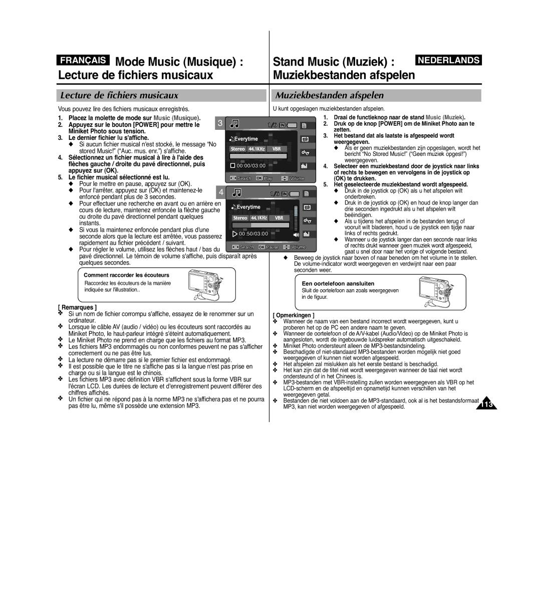 Samsung VP-MM11S/XEF manual Lecture de fichiers musicaux Muziekbestanden afspelen 