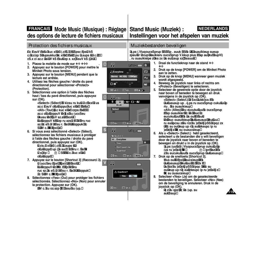 Samsung VP-MM11S/XEF manual Protection des fichiers musicaux Muziekbestanden beveiligen 