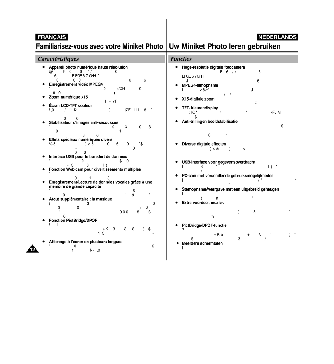 Samsung VP-MM11S/XEF manual Caractéristiques, Functies 