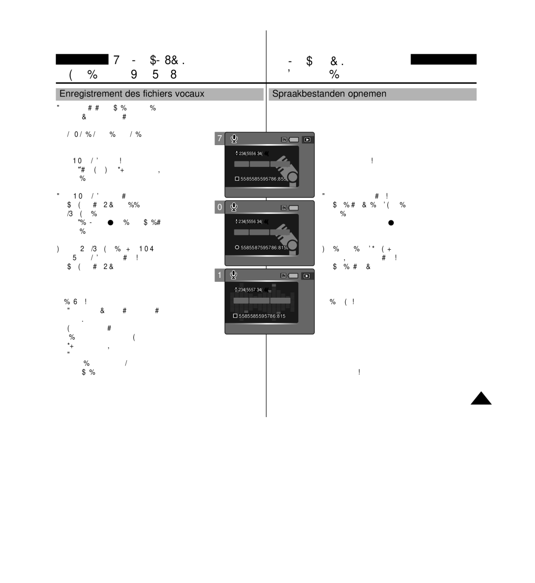 Samsung VP-MM11S/XEF manual Stand Voice Spraak, Enregistrement des fichiers vocaux Spraakbestanden opnemen, Mode Voice Voix 