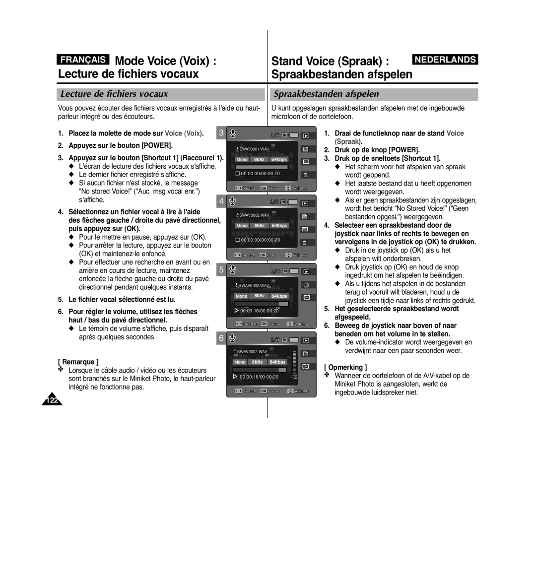 Samsung VP-MM11S/XEF manual Spraakbestanden afspelen, Lecture de fichiers vocaux, Le fichier vocal sélectionné est lu 