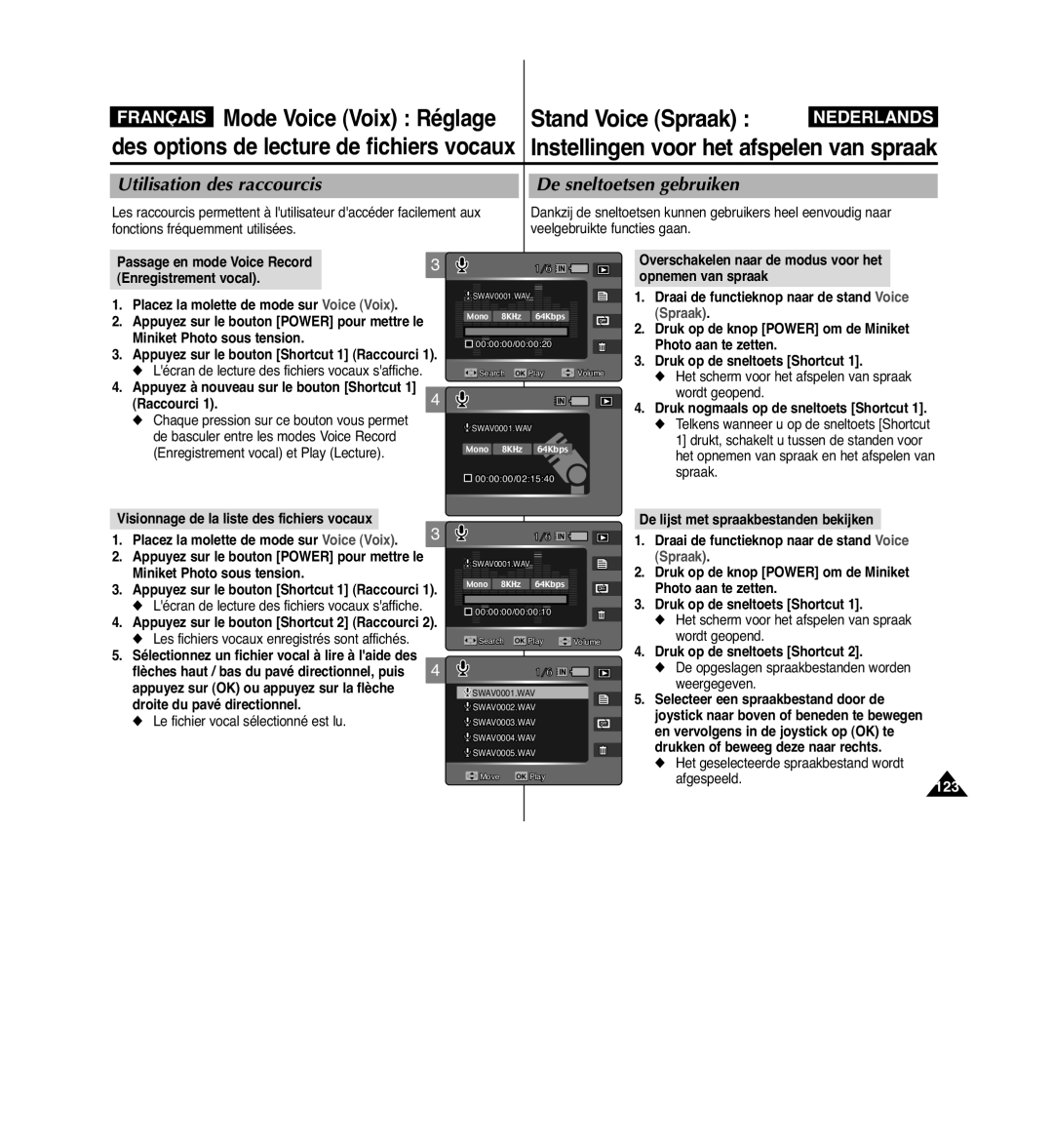 Samsung VP-MM11S/XEF manual Mode Voice Voix Réglage 