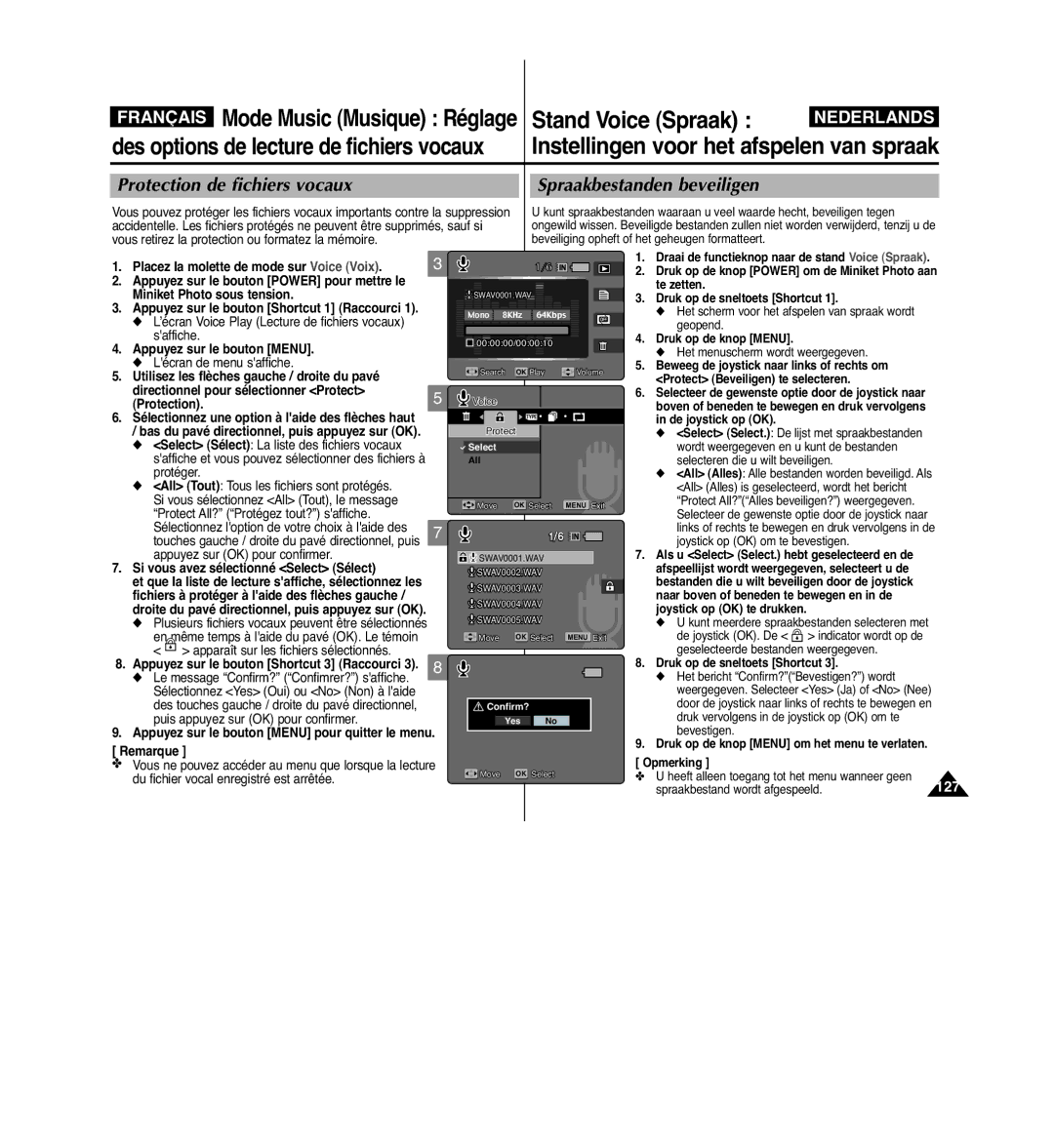 Samsung VP-MM11S/XEF manual Protection de fichiers vocaux Spraakbestanden beveiligen 