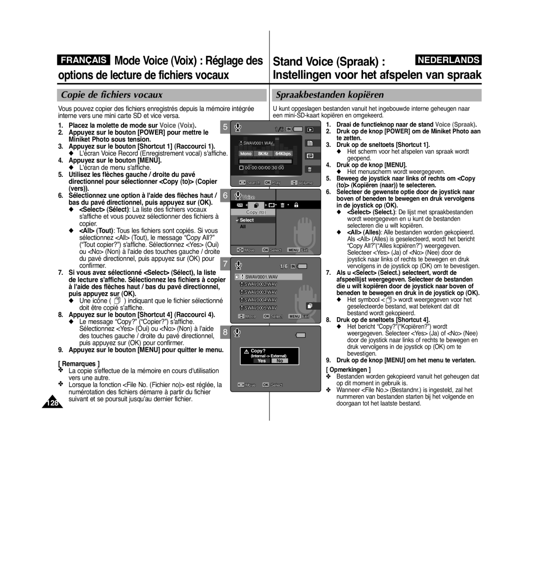 Samsung VP-MM11S/XEF manual Copie de fichiers vocaux Spraakbestanden kopiëren, 128 