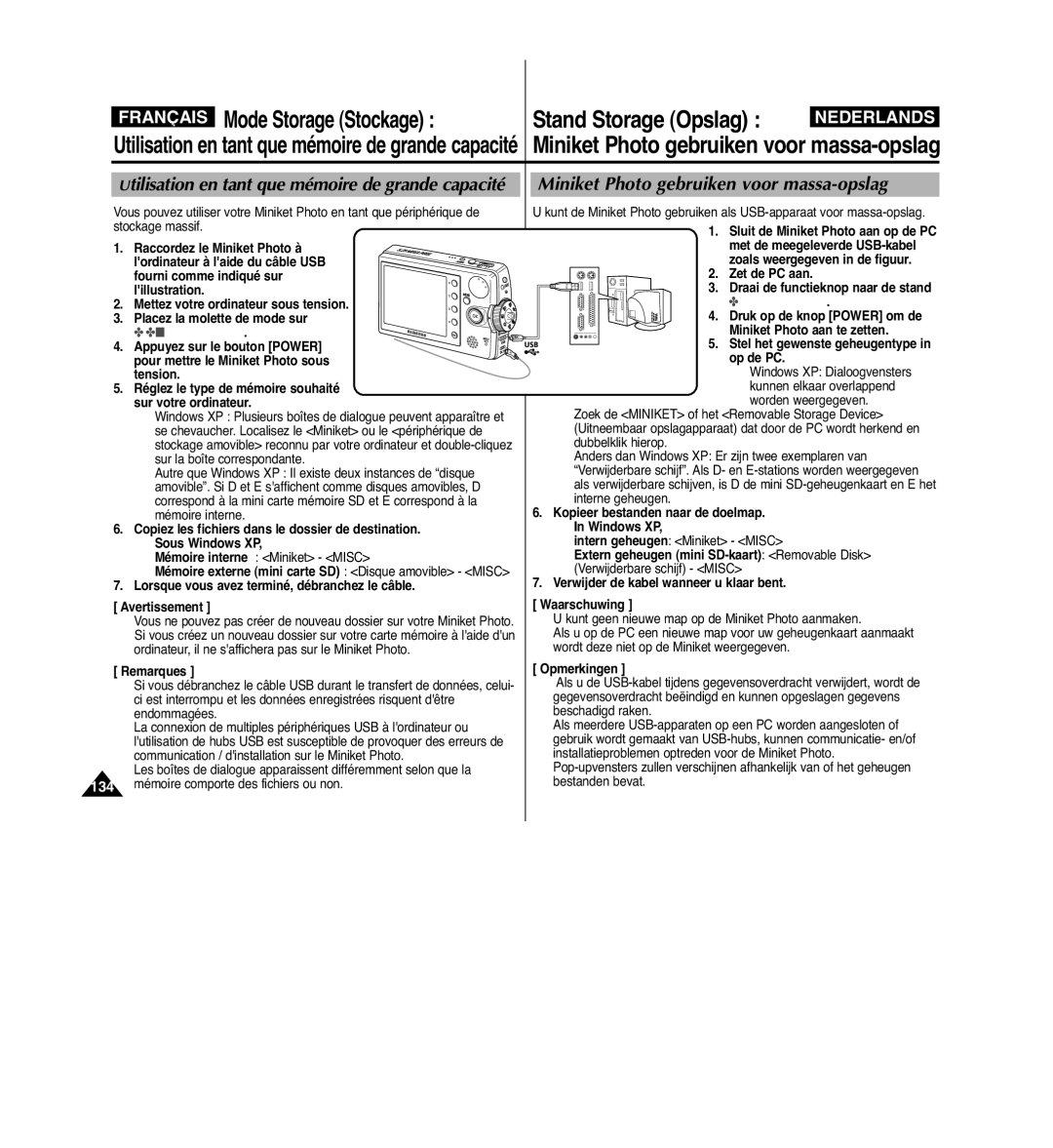 Samsung VP-MM11S/XEF manual Stand Storage Opslag, Miniket Photo gebruiken voor massa-opslag 