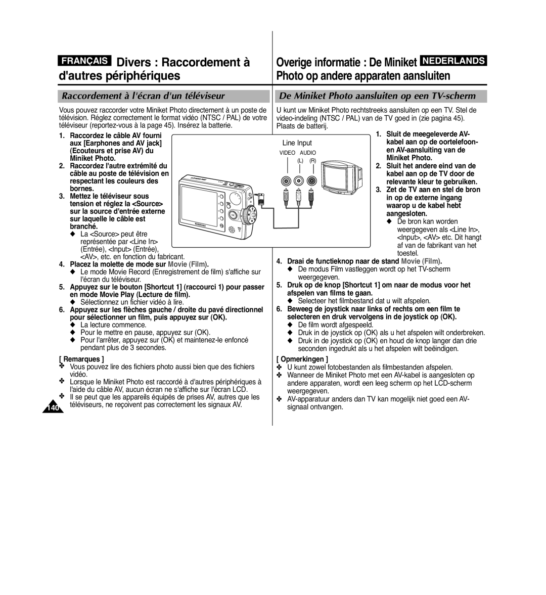 Samsung VP-MM11S/XEF manual Raccordement à lécran dun téléviseur, De Miniket Photo aansluiten op een TV-scherm 