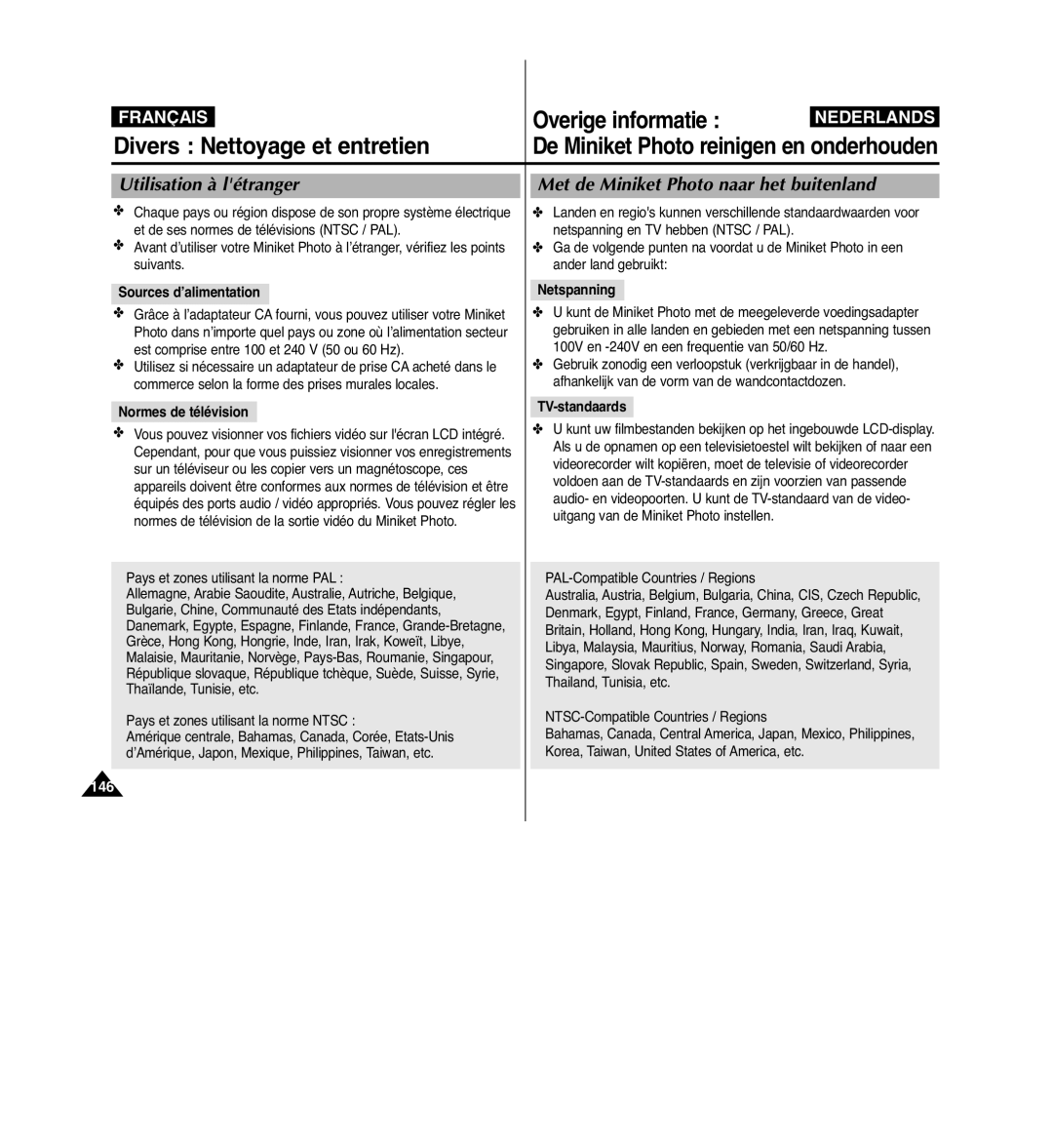 Samsung VP-MM11S/XEF manual Sources d’alimentation, Normes de télévision, Netspanning, TV-standaards 