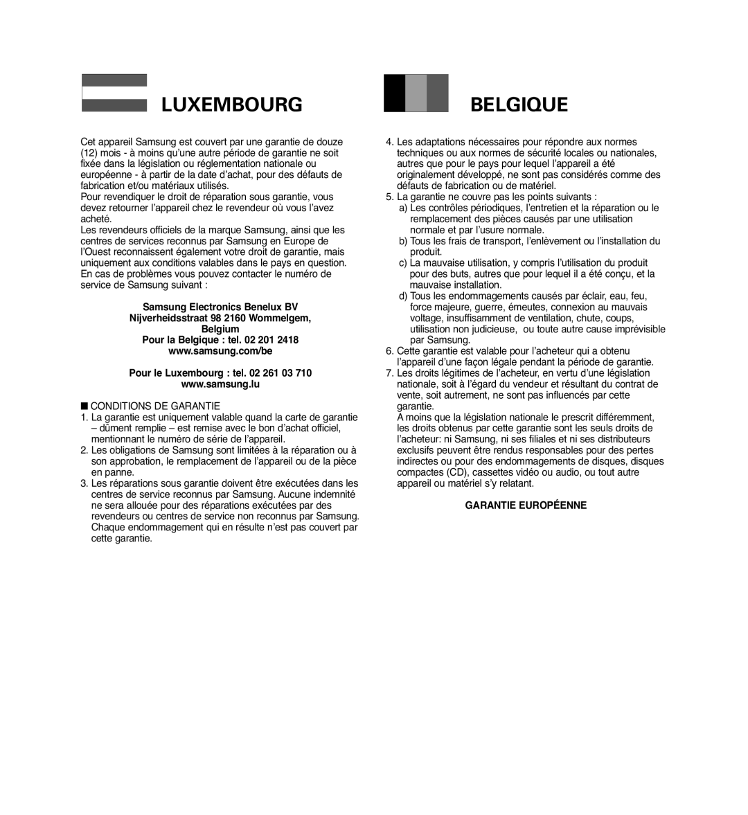 Samsung VP-MM11S/XEF manual Luxembourgbelgique 