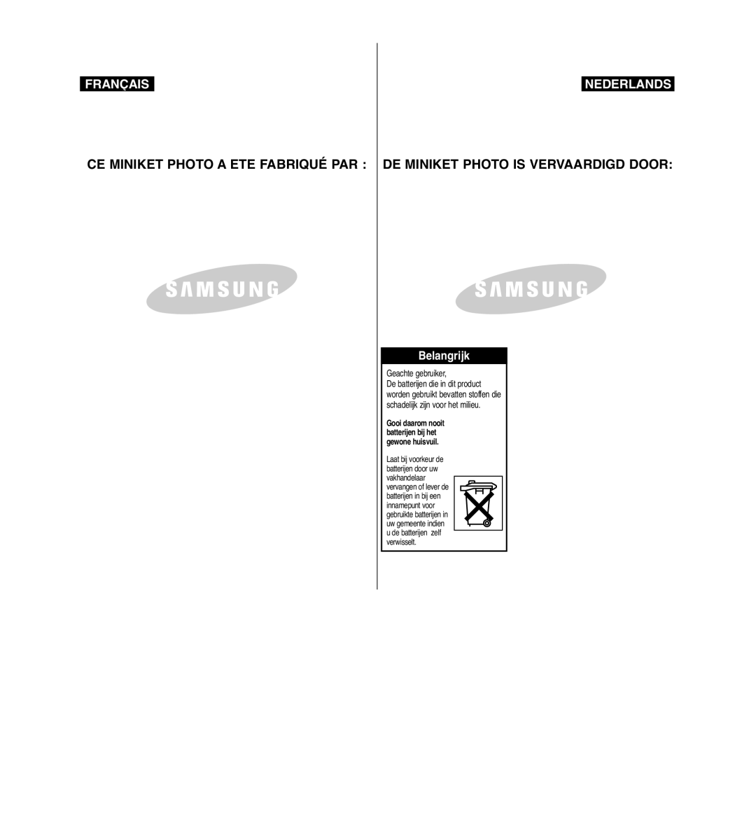 Samsung VP-MM11S/XEF manual Belangrijk 