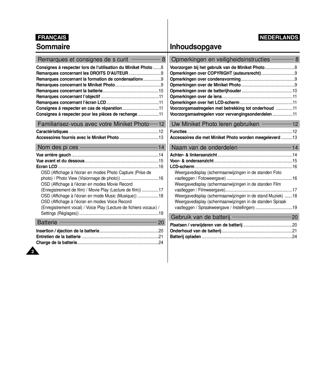 Samsung VP-MM11S/XEF manual Nom des pièces Naam van de onderdelen, Batterie, Gebruik van de batterij 