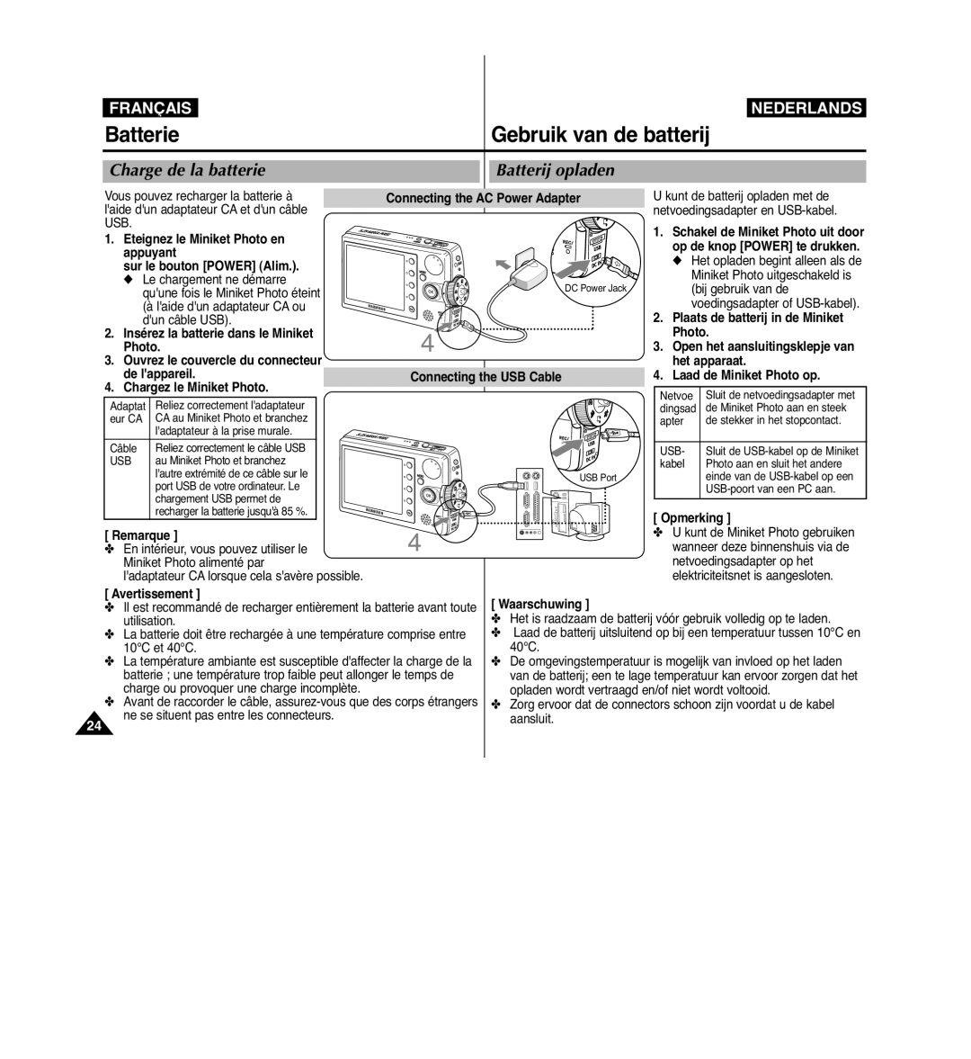 Samsung VP-MM11S/XEF manual Batterie Gebruik van de batterij, Charge de la batterie Batterij opladen 