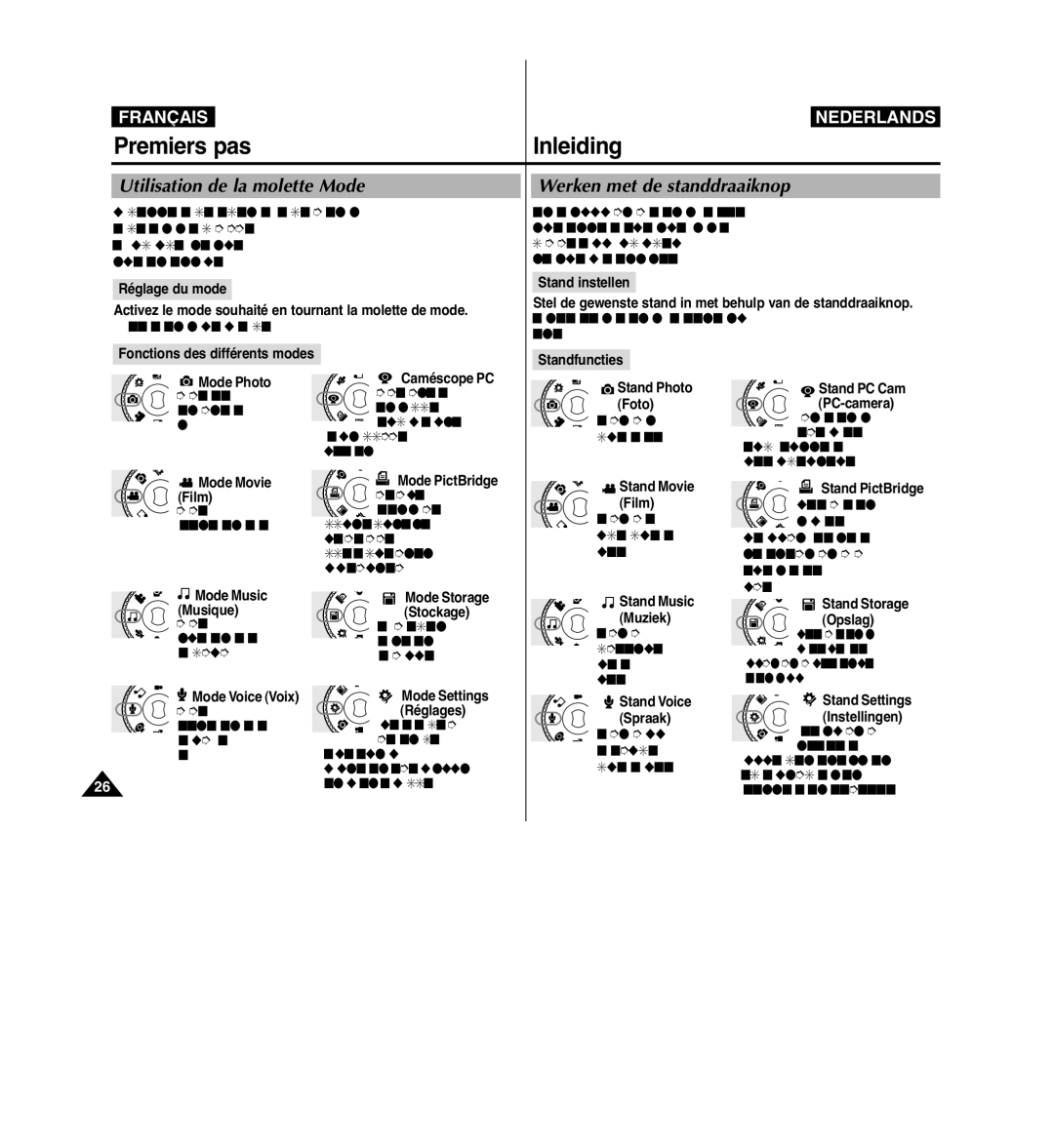 Samsung VP-MM11S/XEF manual Utilisation de la molette Mode, Werken met de standdraaiknop 