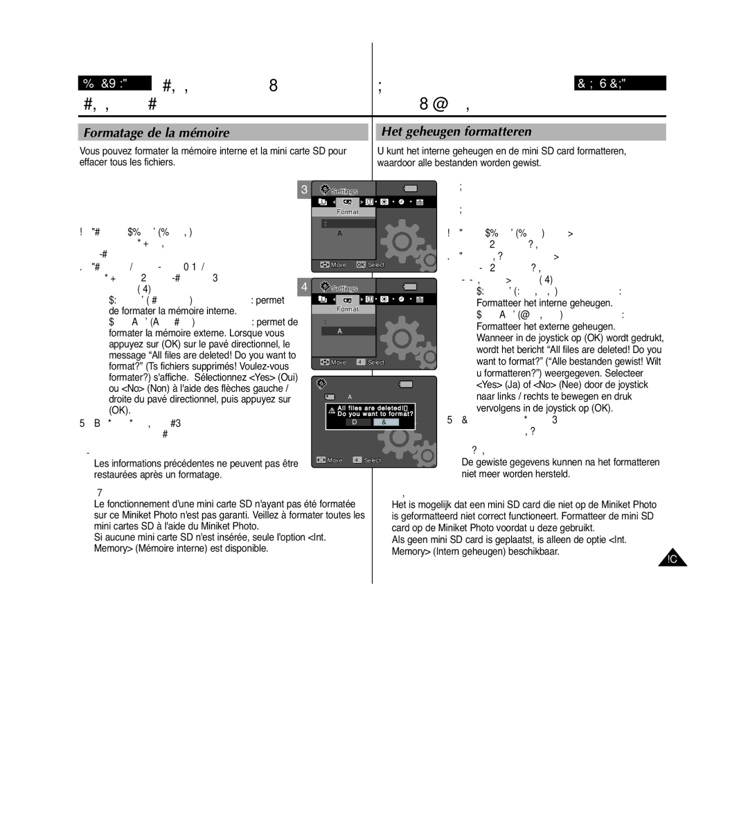 Samsung VP-MM11S/XEF manual Français Réglage du Miniket Photo De Miniket Photo, Formatage de la mémoire, Avertissement 