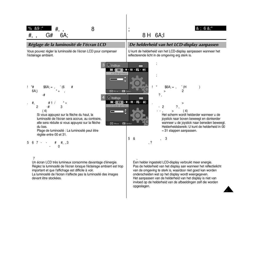 Samsung VP-MM11S/XEF manual Réglage de l’écran LCD, Réglage du Miniket Photo, De helderheid van het LCD-display aanpassen 