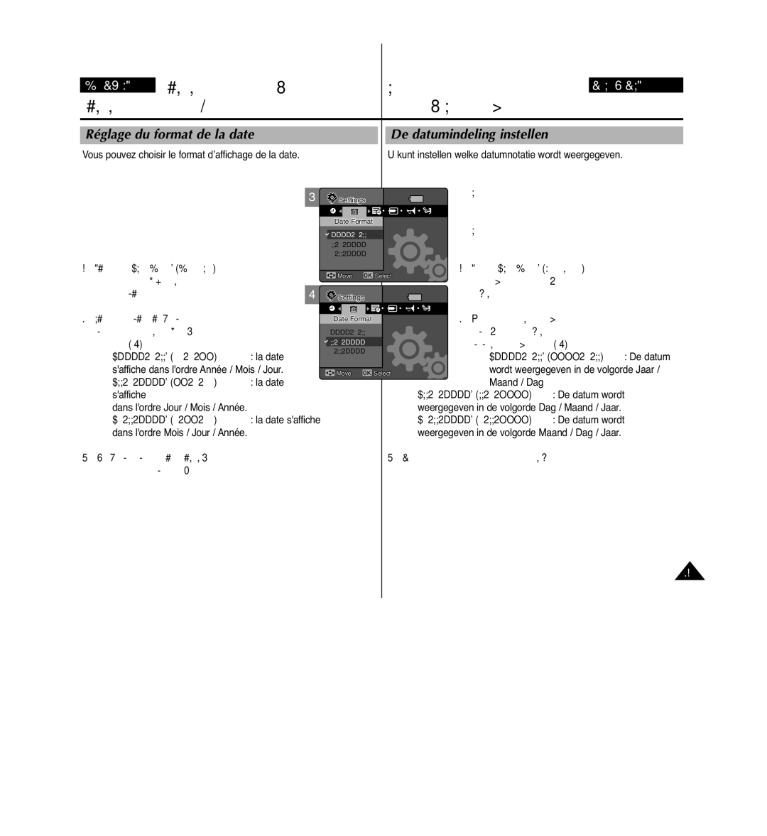 Samsung VP-MM11S/XEF manual Réglage du format de la date De datumindeling instellen, DD/MM/YYYY JJ/MM/AAAA la date saffiche 