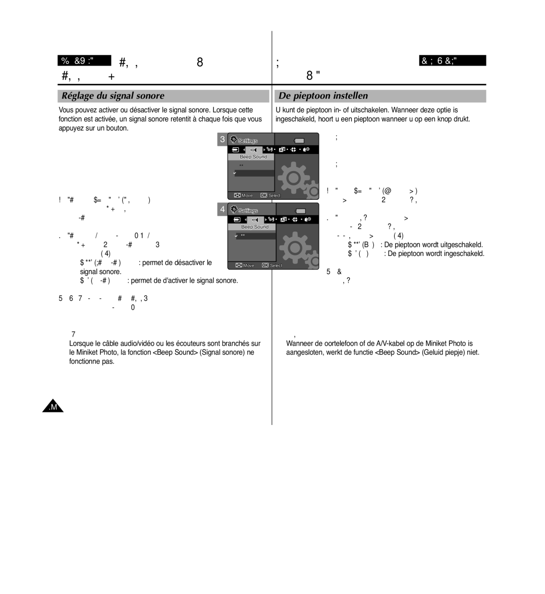 Samsung VP-MM11S/XEF manual Réglage du signal sonore De pieptoon instellen, On Activée permet de dactiver le signal sonore 