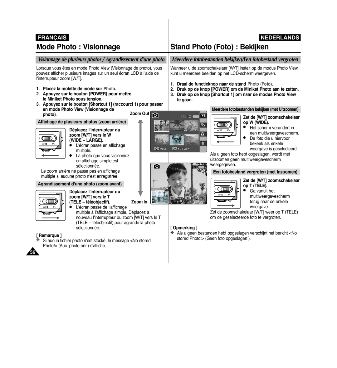 Samsung VP-MM11S/XEF manual Mode Photo Visionnage, Stand Photo Foto Bekijken, Tele téléobjectif 