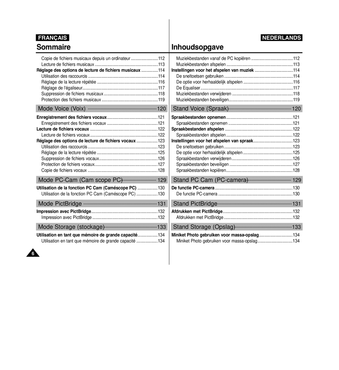 Samsung VP-MM11S/XEF manual Mode Voice Voix, Stand Voice Spraak, Mode PC-Cam Caméscope PC, Stand PC Cam PC-camera 