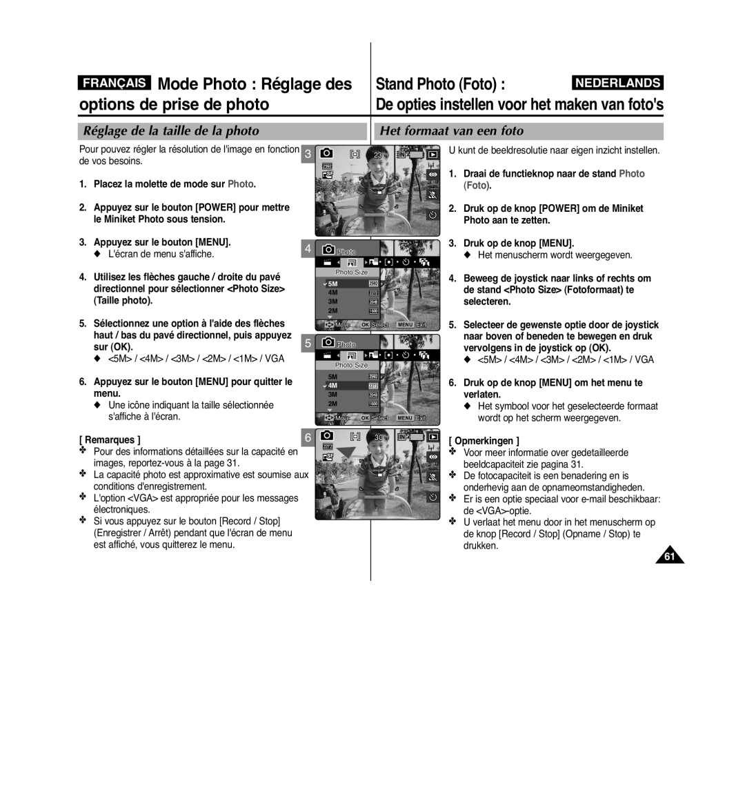 Samsung VP-MM11S/XEF manual Réglage de la taille de la photo Het formaat van een foto, Sur OK 