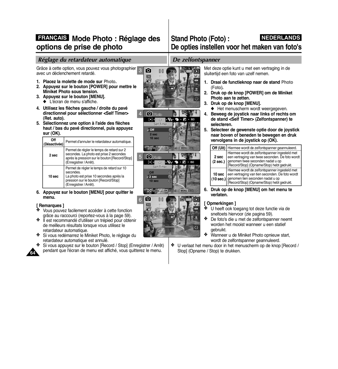 Samsung VP-MM11S/XEF manual Réglage du retardateur automatique De zelfontspanner 