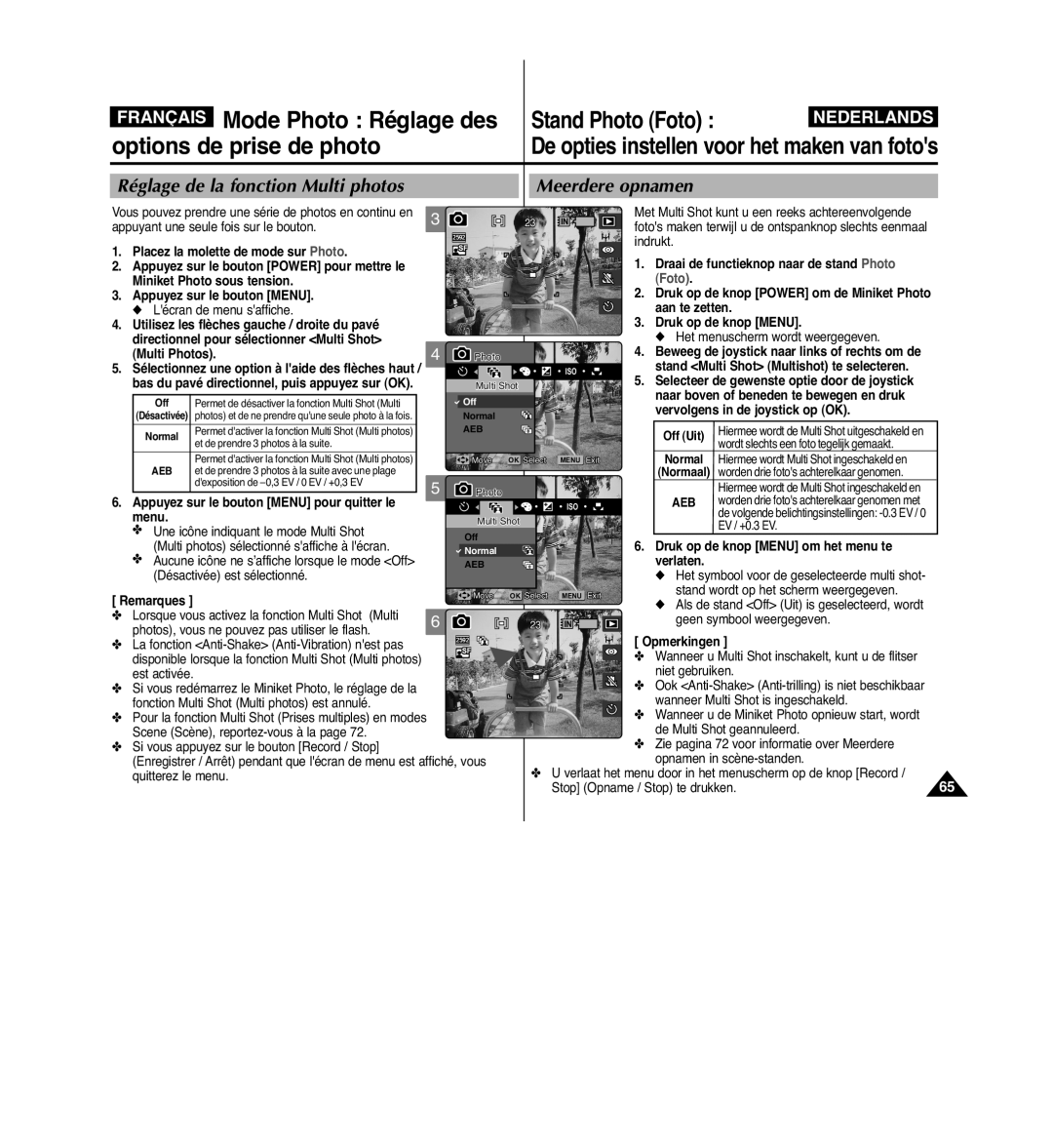 Samsung VP-MM11S/XEF manual Réglage de la fonction Multi photos Meerdere opnamen 