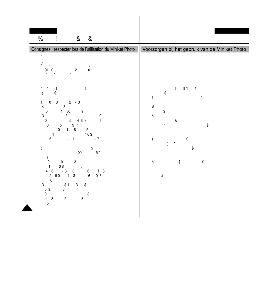 Samsung VP-MM11S/XEF manual Remarques et consignes de sécurité, Voorzorgen bij het gebruik van de Miniket Photo 