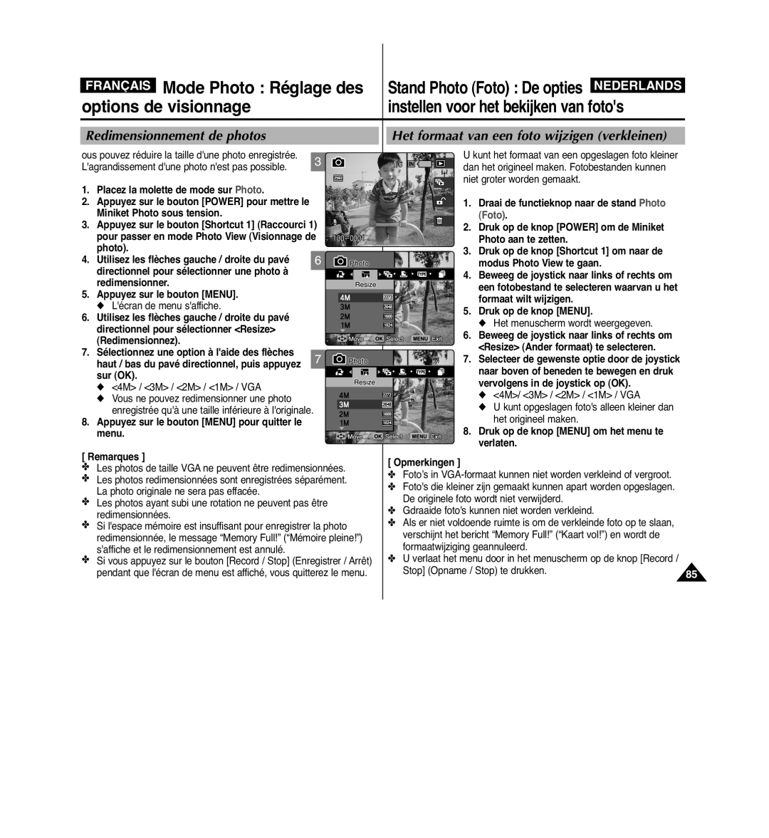 Samsung VP-MM11S/XEF manual Directionnel pour sélectionner Resize Redimensionnez, 4M / 3M / 2M / 1M / VGA 