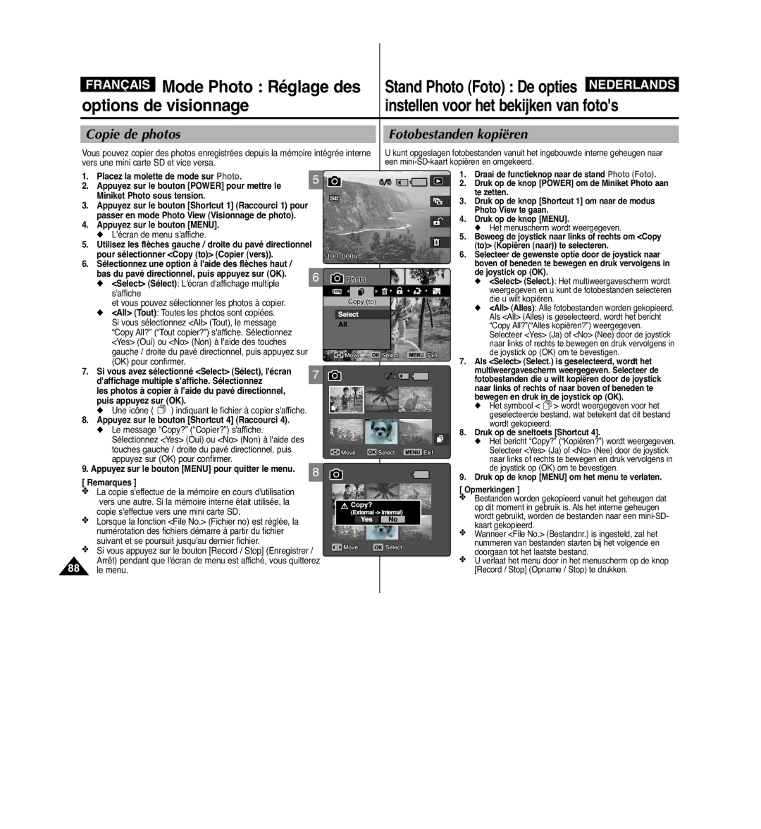 Samsung VP-MM11S/XEF manual Copie de photos, Fotobestanden kopiëren, Indiquant le fichier à copier saffiche 