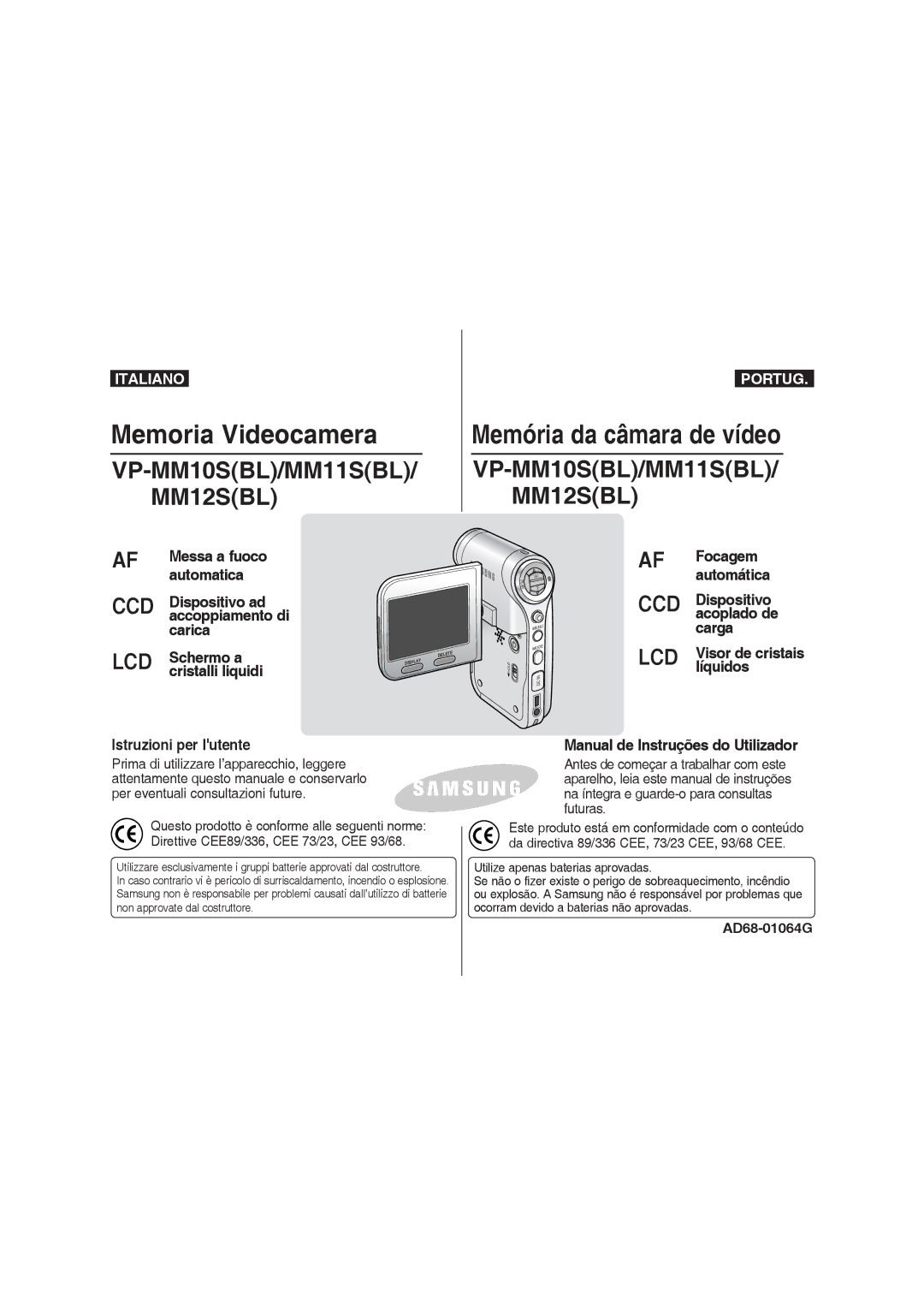 Samsung VP-MM12S/XET manual Messa a fuoco automatica, Schermo a cristalli liquidi, Focagem automática, AD68-01064G 