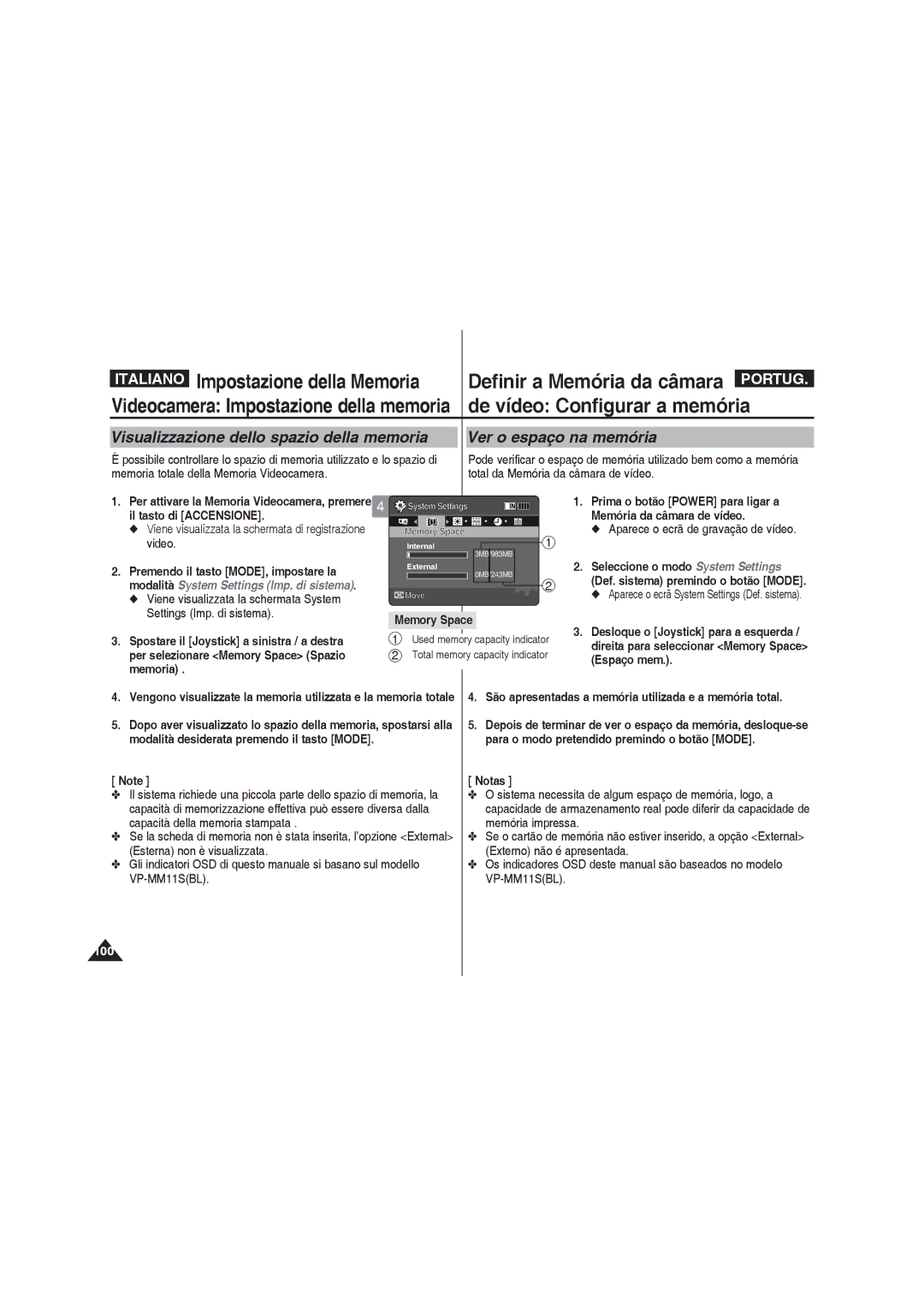 Samsung VP-MM12S/XET manual Prima o botão Power para ligar a, Il tasto di Accensione Memória da câmara de vídeo, Espaço mem 