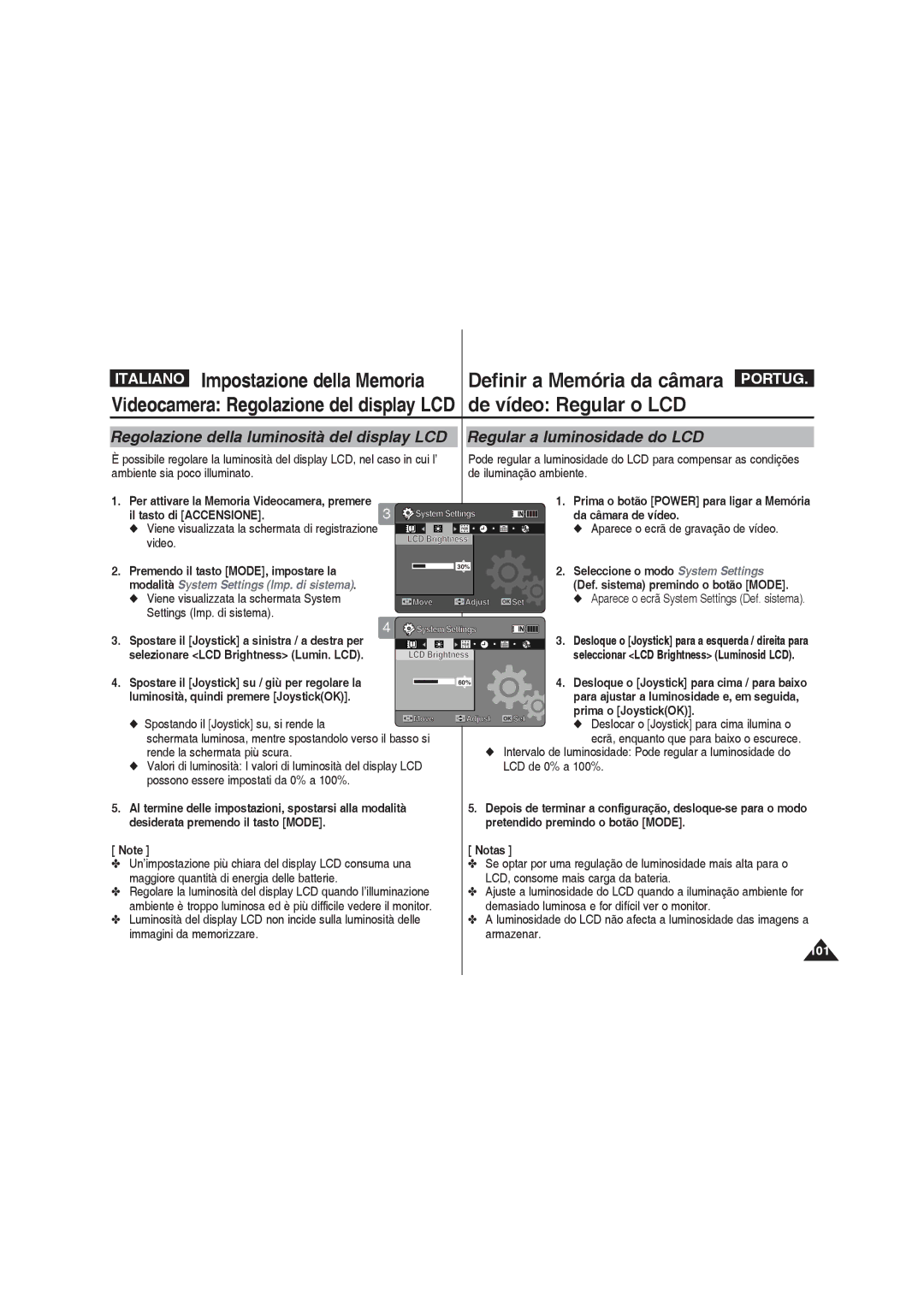 Samsung VP-MM12BL/XET Impostazione della Memoria, De vídeo Regular o LCD, Regolazione della luminosità del display LCD 