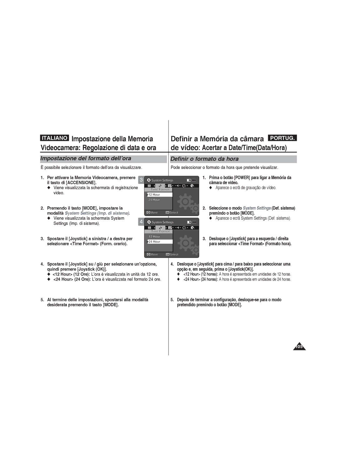 Samsung VP-MM11S/XET, VP-MM12S/XET, VP-MM12BL/XET Impostazione del formato dell’ora Definir o formato da hora, Time Format 