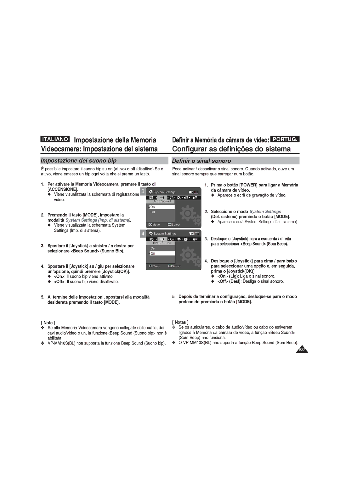 Samsung VP-MM12BL/XET manual Configurar as definições do sistema, Impostazione del suono bip, Definir o sinal sonoro 