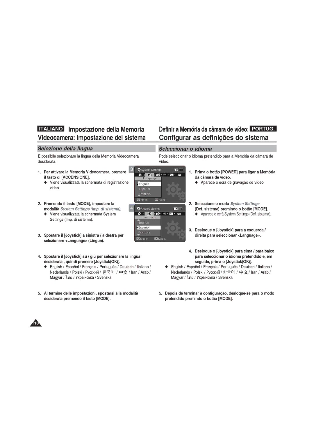 Samsung VP-MM12BL/XET manual Selezione della lingua Seleccionar o idioma, Video Premendo il tasto MODE, impostare la 