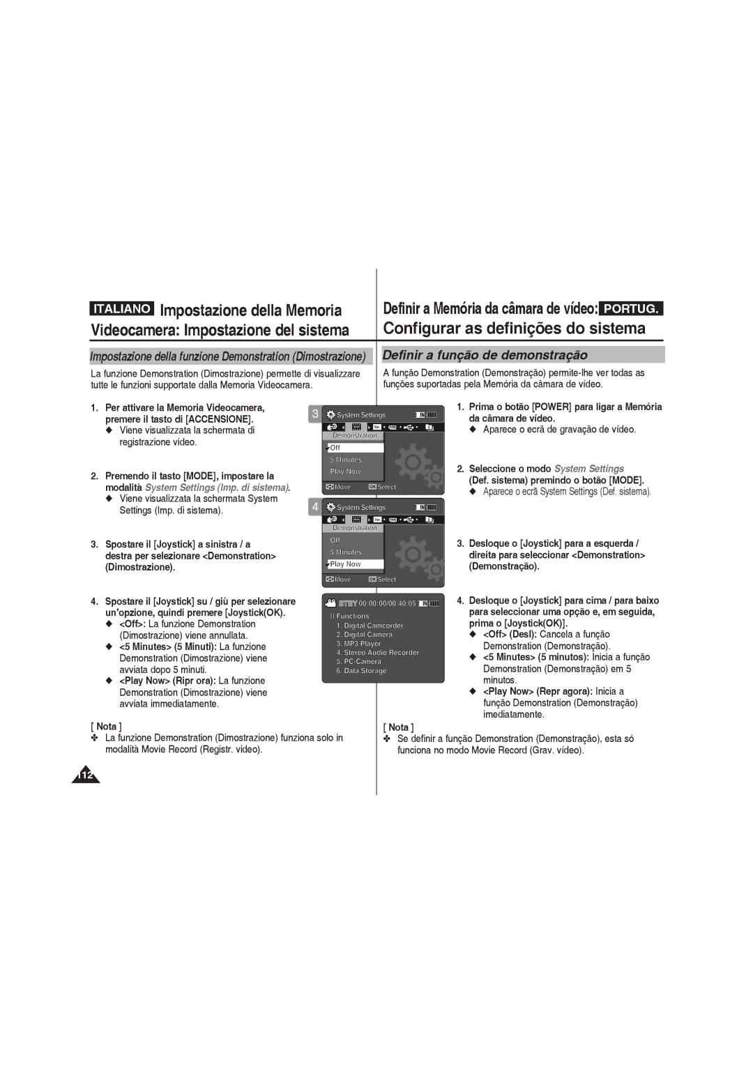 Samsung VP-MM12S/XET manual Definir a função de demonstração, Off La funzione Demonstration Dimostrazione viene annullata 