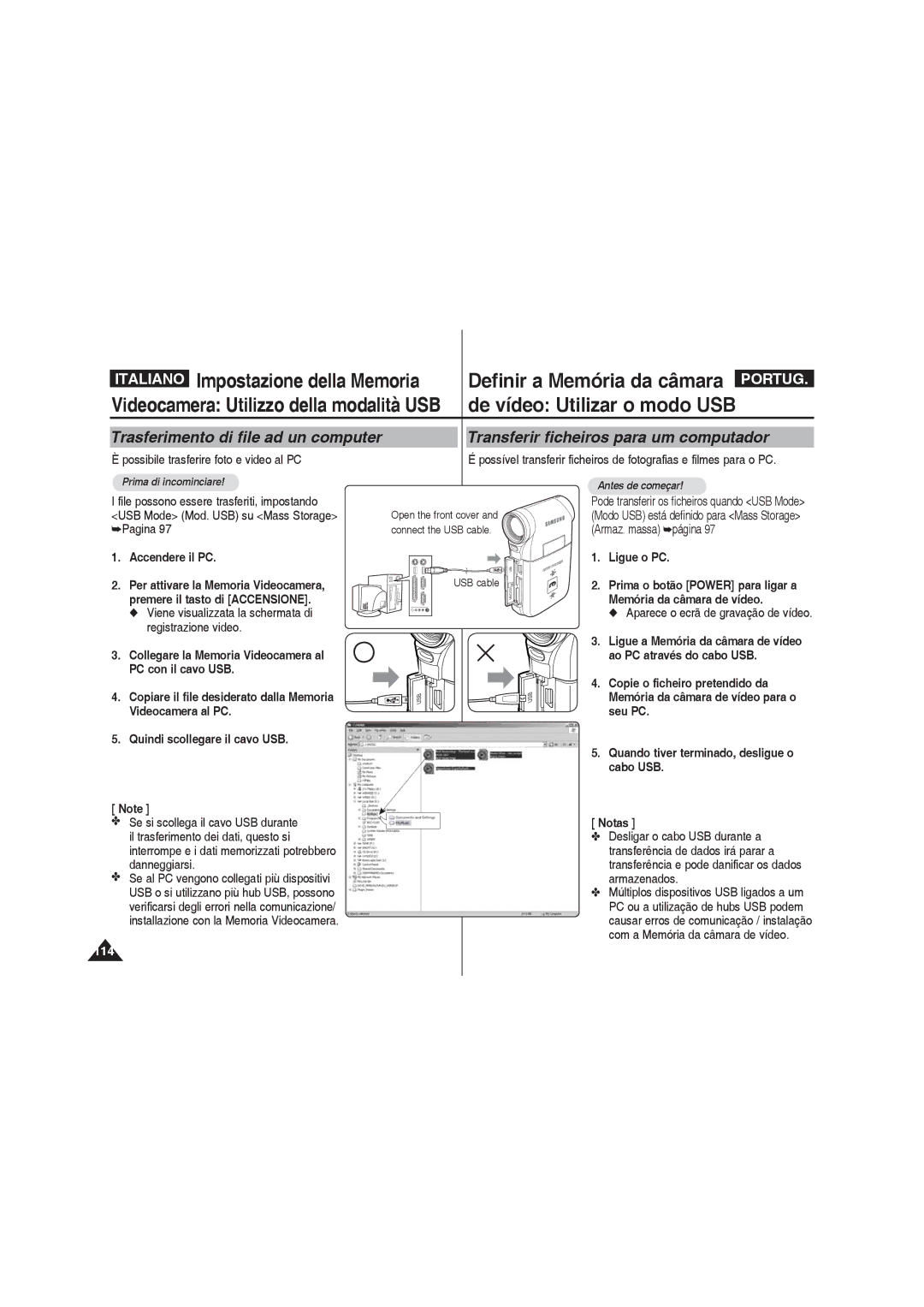 Samsung VP-MM11S/XET, VP-MM12S/XET, VP-MM12BL/XET manual De vídeo Utilizar o modo USB, Trasferimento di file ad un computer 