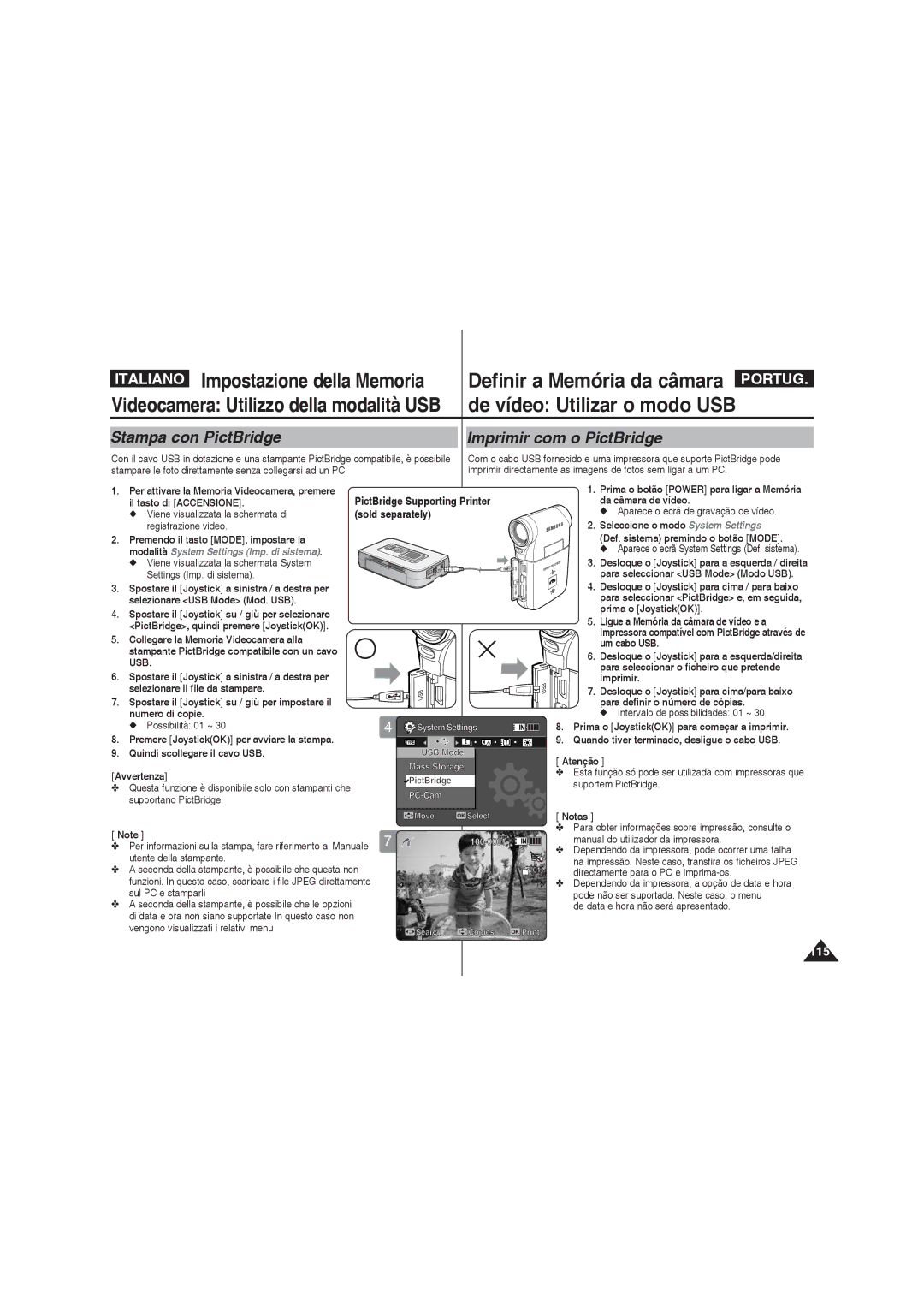 Samsung VP-MM12S/XET manual Stampa con PictBridge Imprimir com o PictBridge, Quindi scollegare il cavo USB Avvertenza 