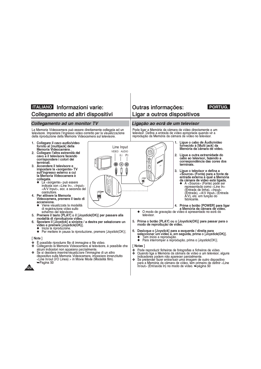 Samsung VP-MM12BL/XET, VP-MM11S/XET, VP-MM12S/XET manual Collegamento ad un monitor TV, Ligação ao ecrã de um televisor 