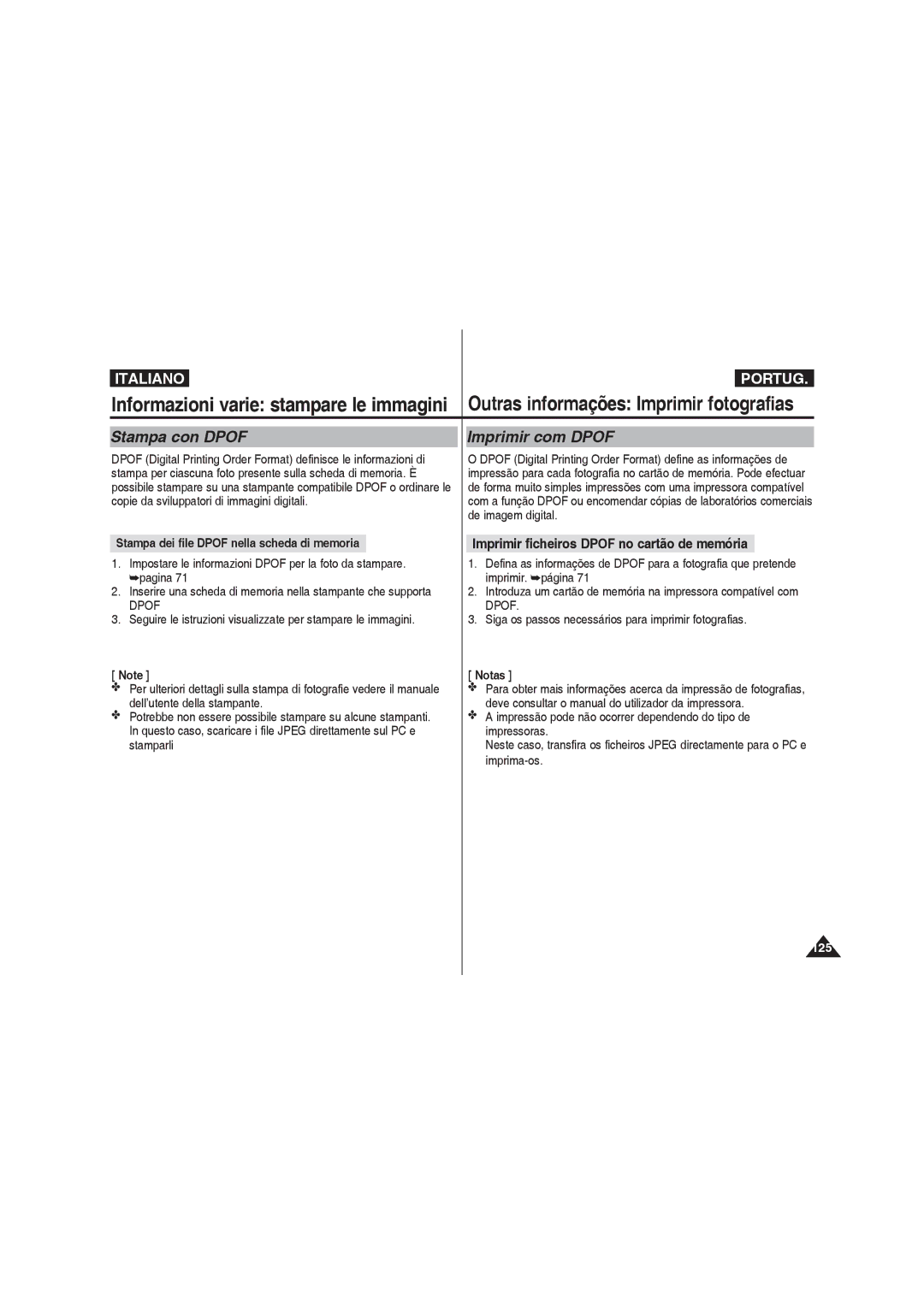 Samsung VP-MM12BL/XET, VP-MM11S/XET manual Stampa con Dpof Imprimir com Dpof, Imprimir ficheiros Dpof no cartão de memória 