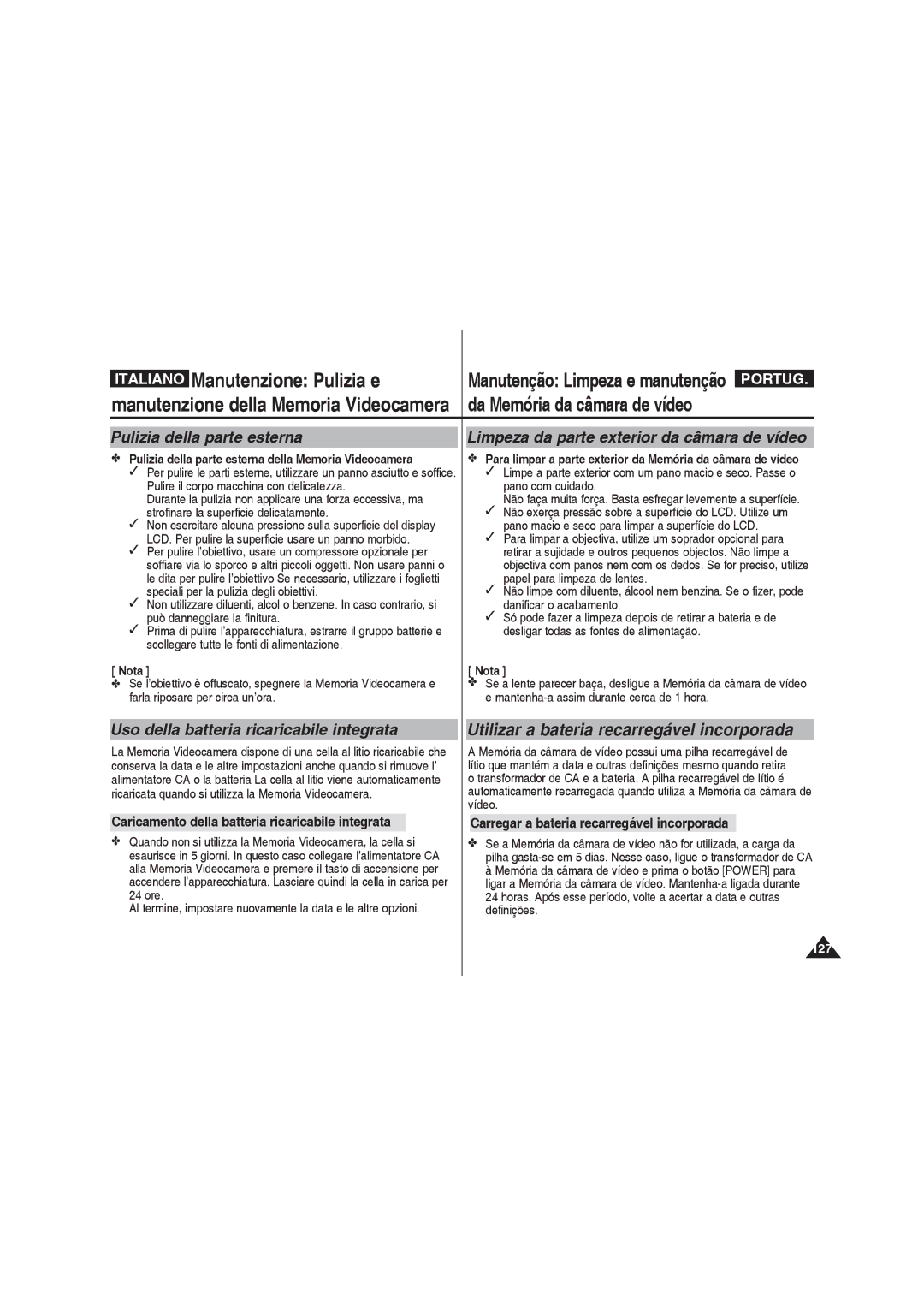 Samsung VP-MM12S/XET, VP-MM11S/XET, VP-MM12BL/XET Pulizia della parte esterna, Limpeza da parte exterior da câmara de vídeo 