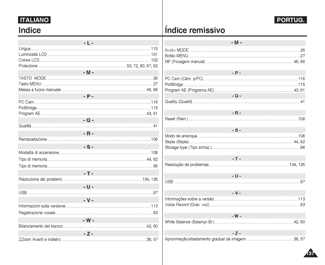 Samsung VP-MM12BL/XET, VP-MM11S/XET, VP-MM12S/XET manual Indice Índice remissivo 