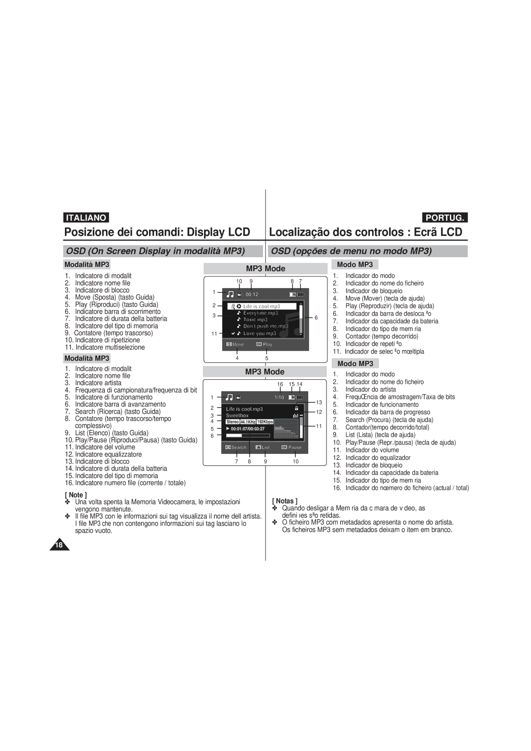 Samsung VP-MM11S/XET manual Posizione dei comandi Display LCD, Modalità MP3 MP3 Mode Modo MP3, Modalità MP3 Modo MP3 