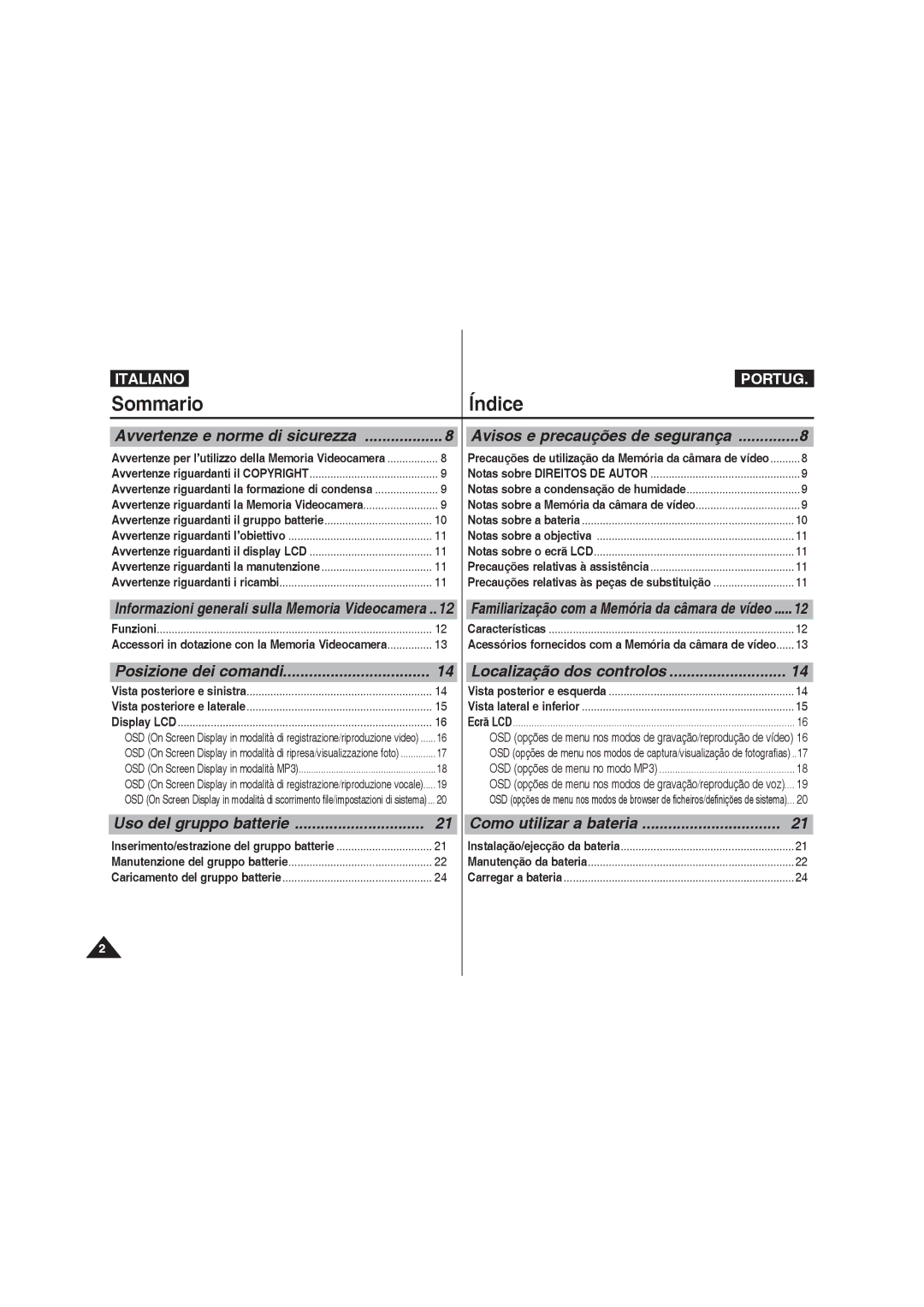 Samsung VP-MM12BL/XET, VP-MM11S/XET manual Uso del gruppo batterie, Localização dos controlos, Como utilizar a bateria 