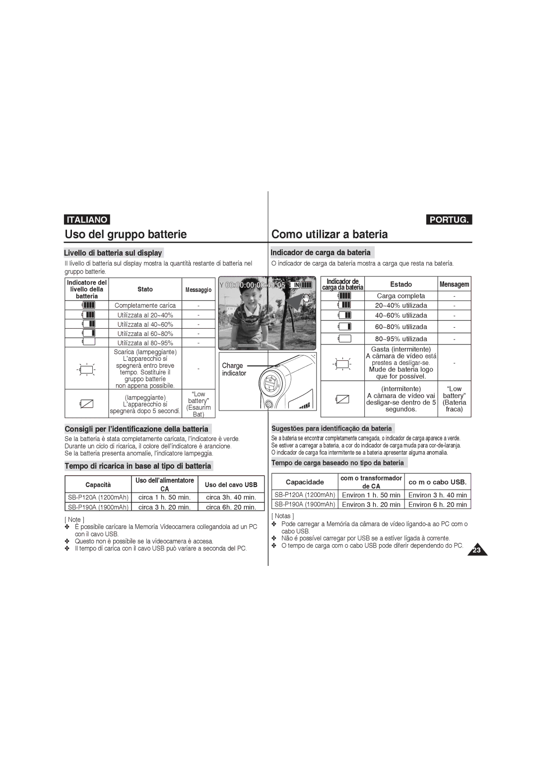 Samsung VP-MM12BL/XET, VP-MM11S/XET manual Uso del gruppo batterie Como utilizar a bateria, Recording, Charge, Indicator 